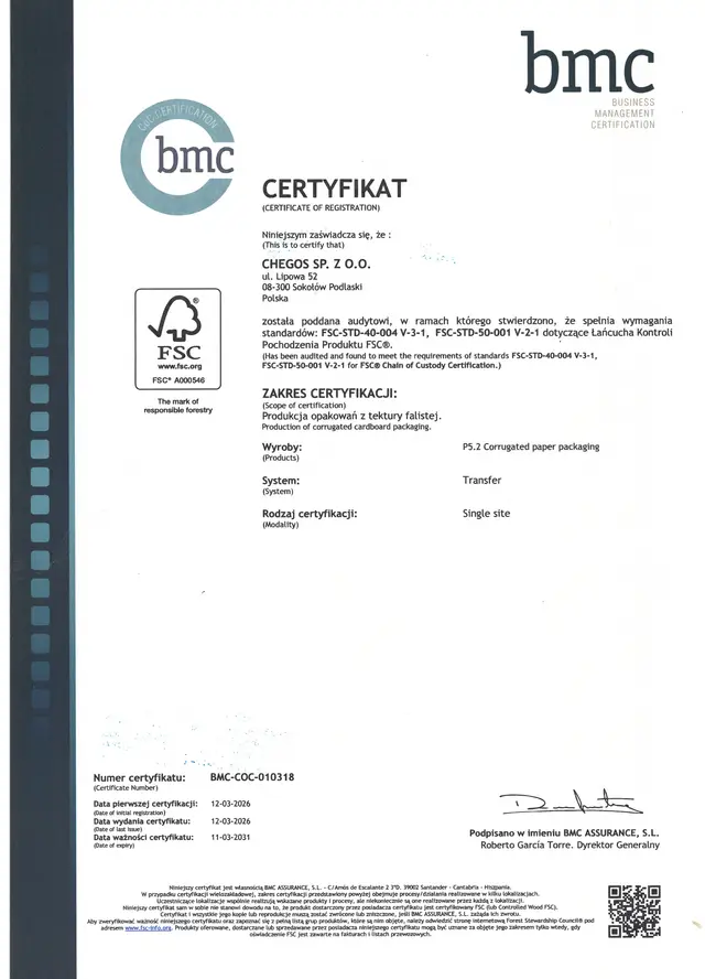 Certyfikat FSC Chain of Custody firmy Chegos